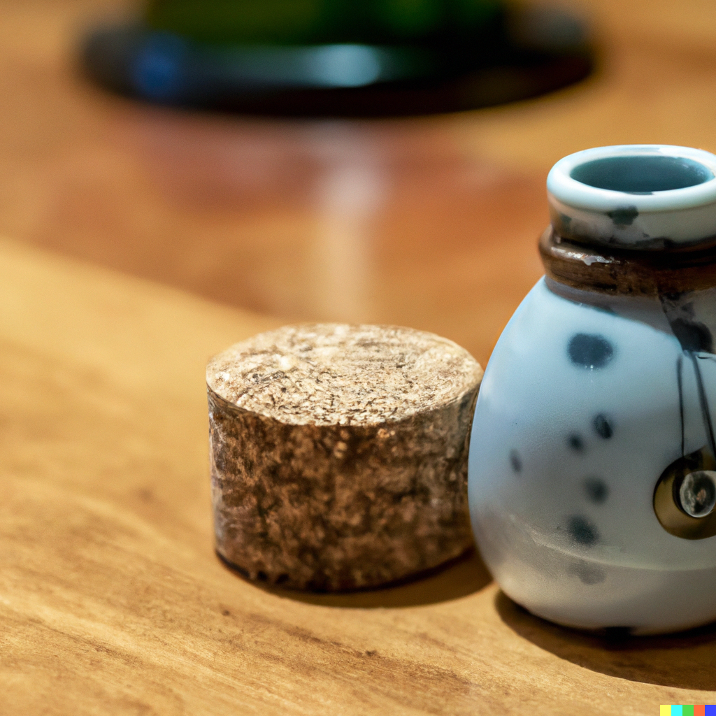 a bottle of shochu on a table, uncorked