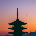 Japanese building with sunset in background