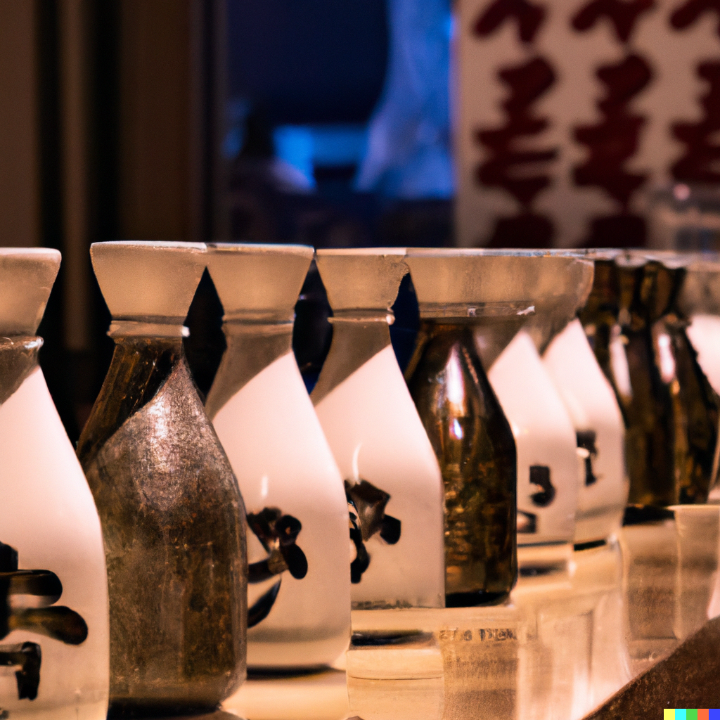 carafes of sake lined up on a counter