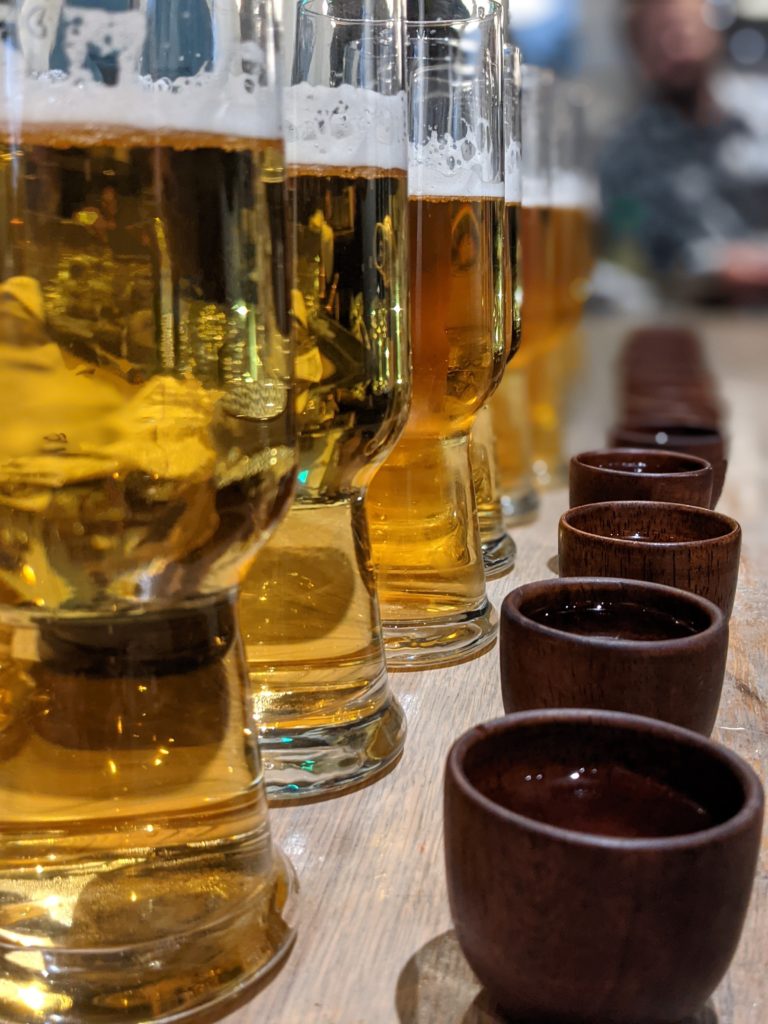 A line of sake bombs, purchased for the staff by the guests who bought the best sparkling sake
